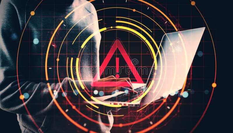 Cybersecurity Warning Sign with Hacker Using Laptop and Digital Alert  Symbol on Dark Tech Background, Showing Online Risk and Data Stock Photo -  Image of error, light: 398213012