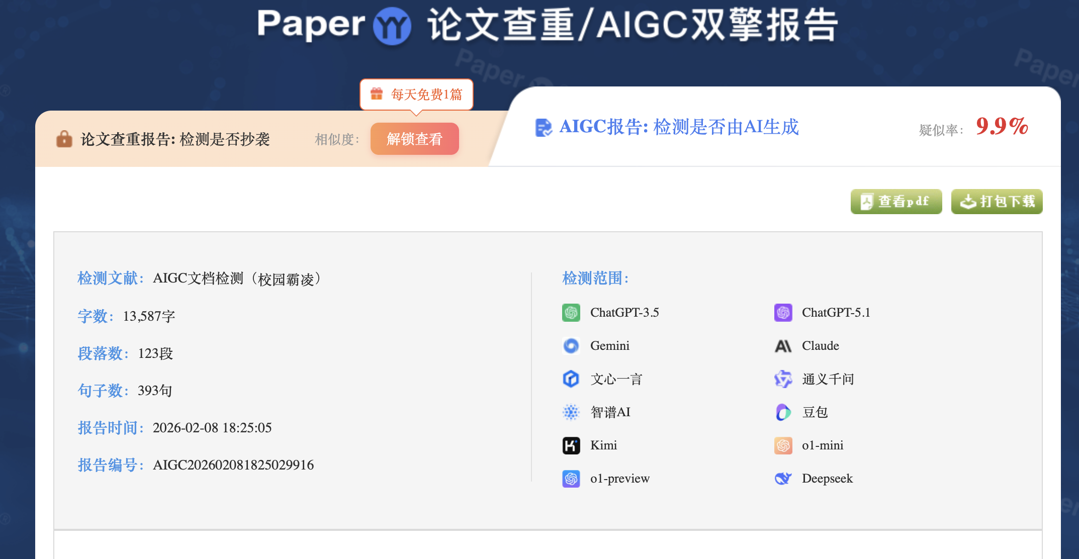 PaperYY AIGC检测报告:处理后9.9%