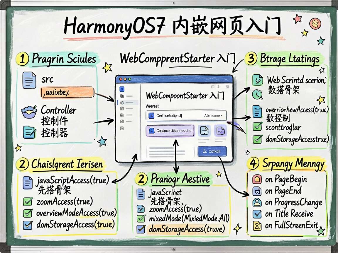 为一篇技术教程文章绘制一张手绘笔记风格的信息图,主题是 HarmonyOS7 内嵌网页入门。画面中心