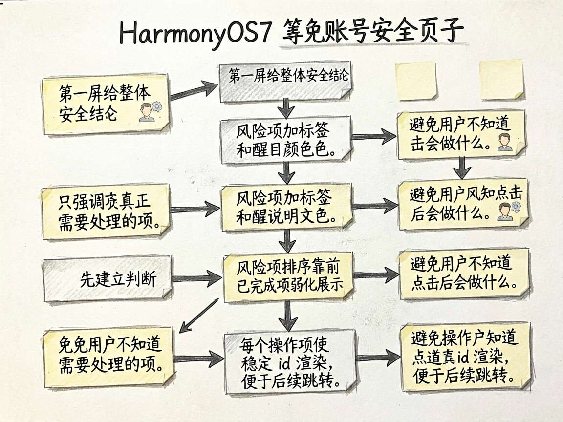 一张 sketch-notes 风格的流程图，讲解 HarmonyOS7 账号安全页的实现步骤。流程