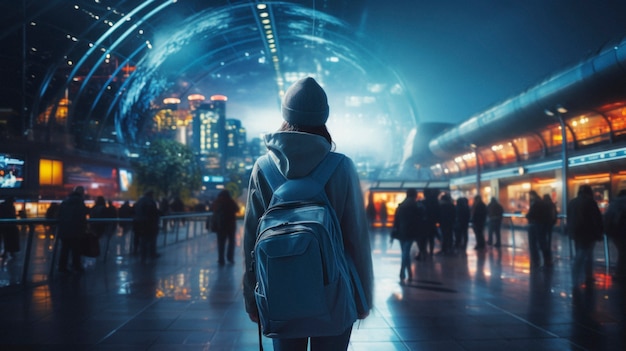 一个普通男孩背对着马路,互联网光线的城市