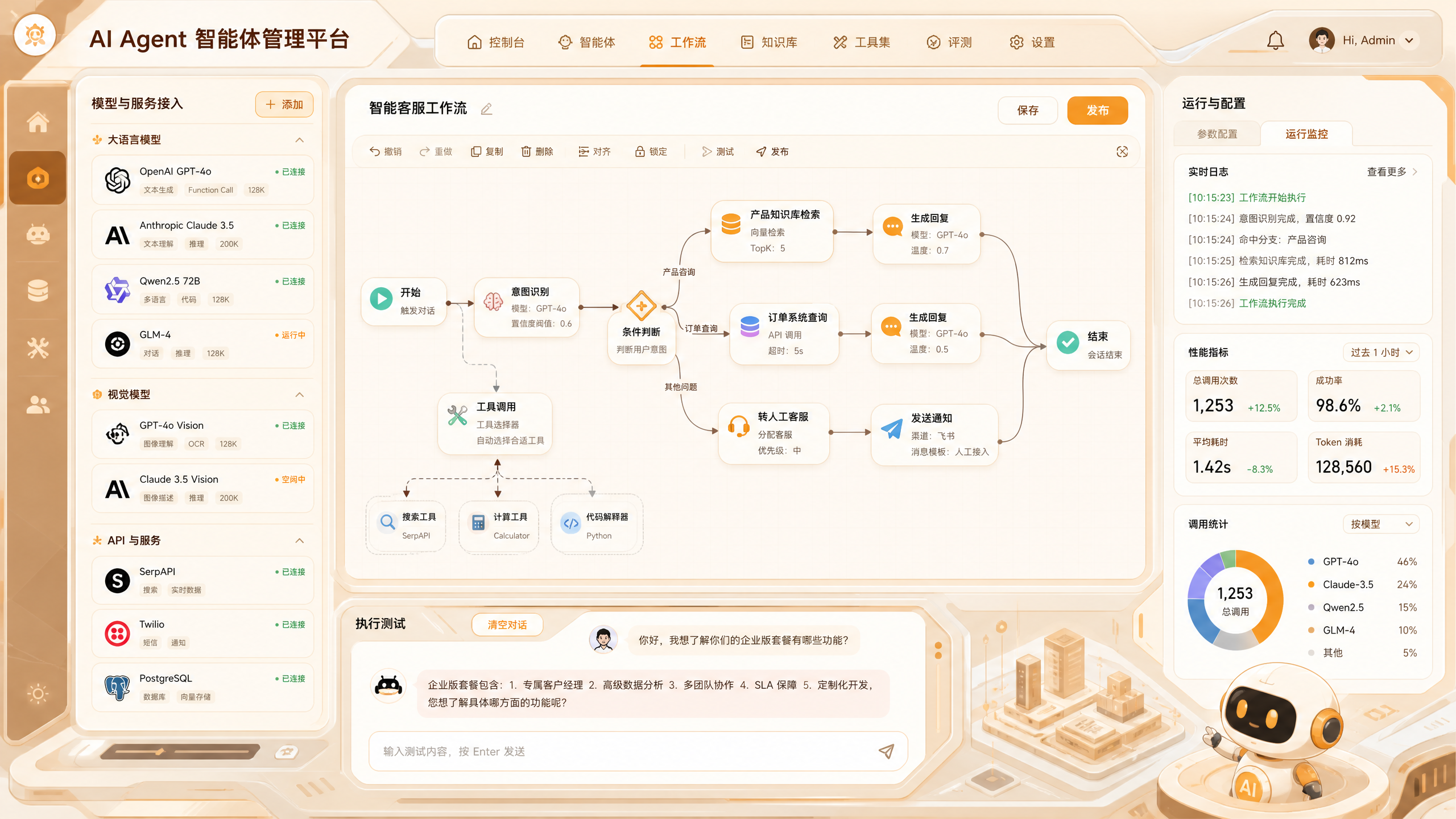 AI 智能体管理平台可视化配置界面,显示多模型接入和工作流编排,温色调,漫画风格,16:9 比例,专业科技感