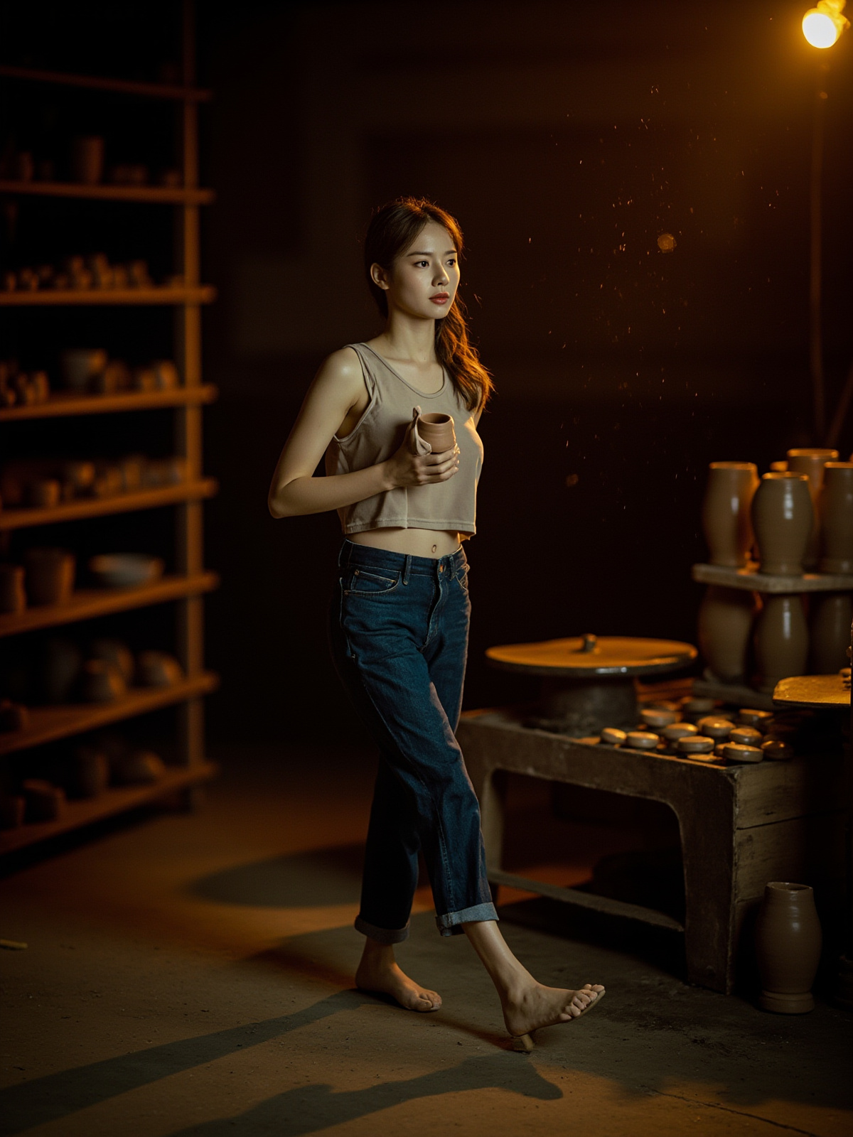 夜间陶艺工作室成年时装壁纸,低位编发模特穿不透视短款上衣与深蓝色低腰紧身全长牛仔裤搬运陶器