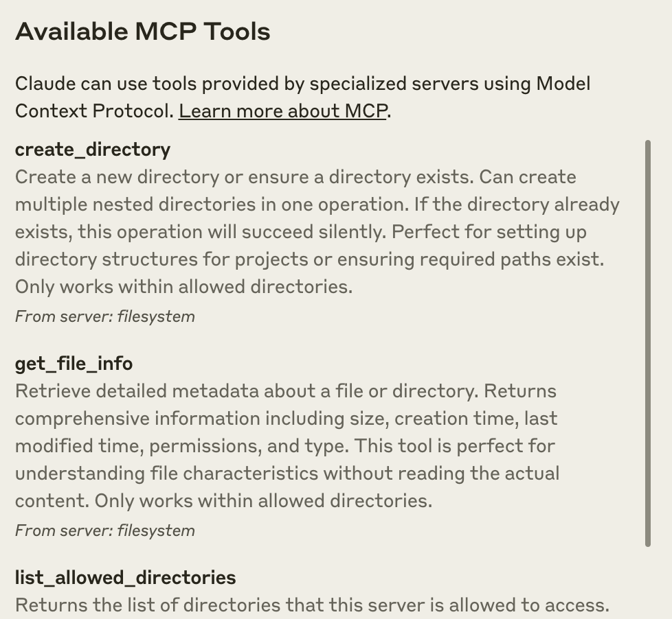 Available filesystem tools in Claude Desktop