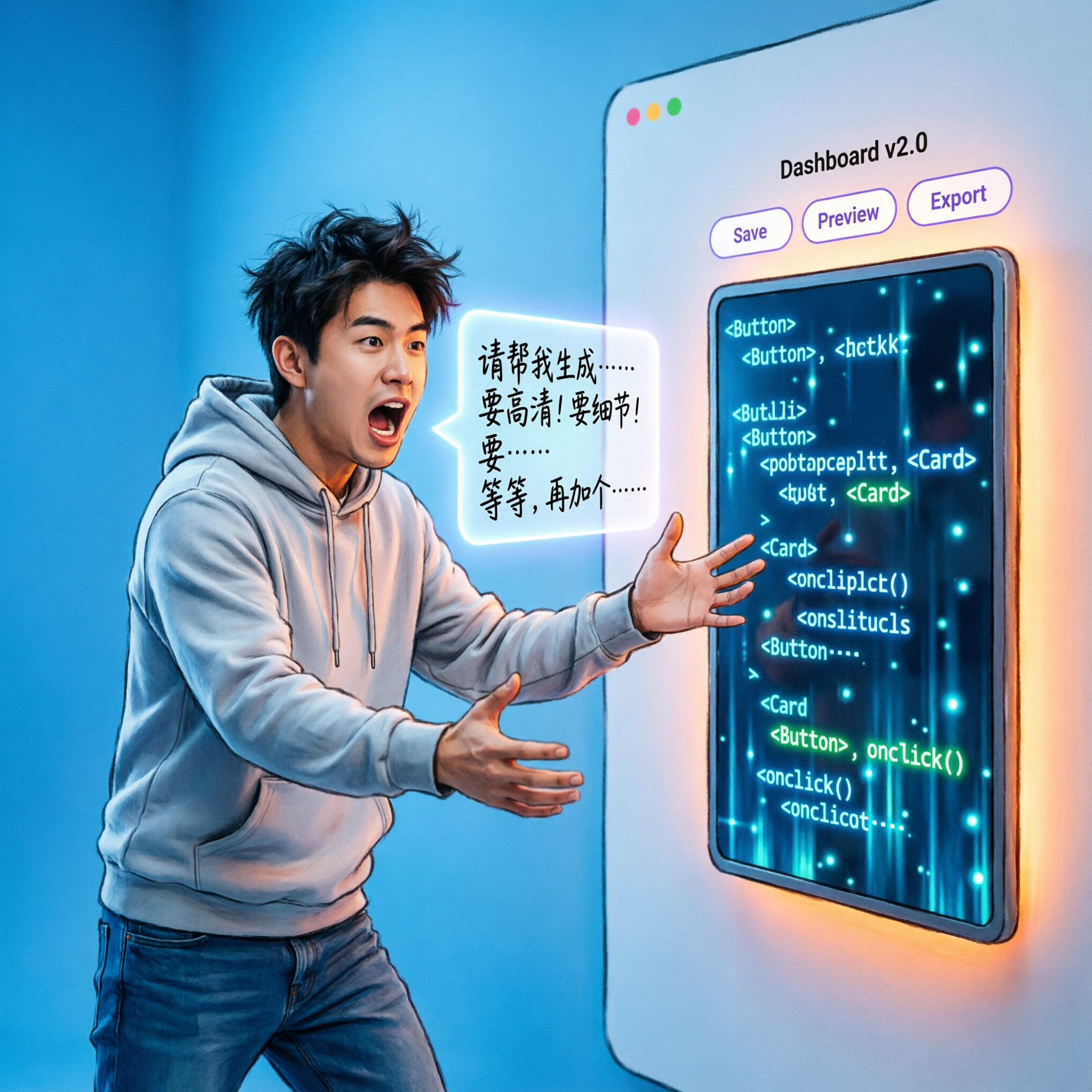 一个人对着AI聊天框激情输入需求而屏幕另一侧代码像瀑布一样涌出的幽默插画