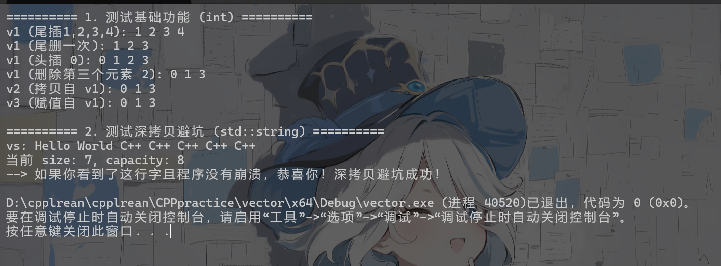 手写vector完整功能测试运行结果