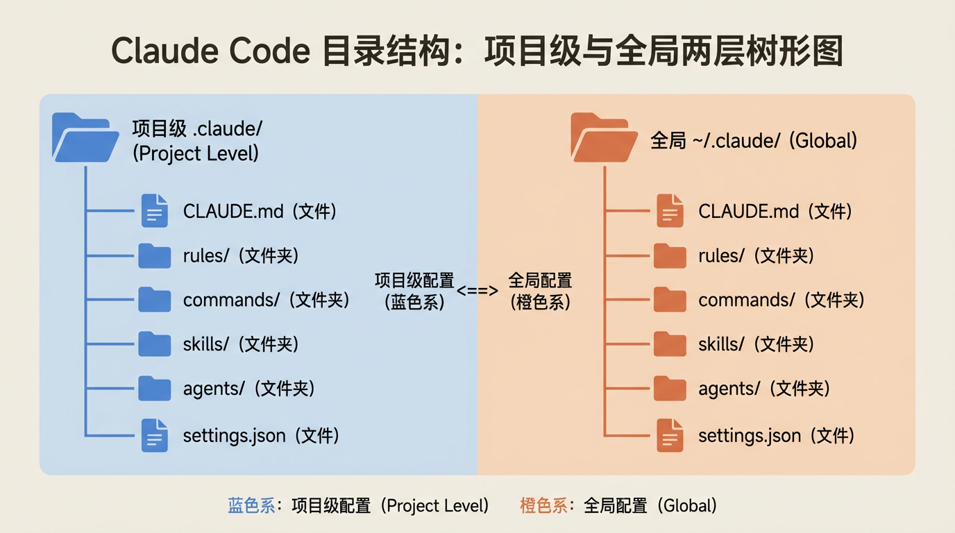 .claude 目录两层结构示意图