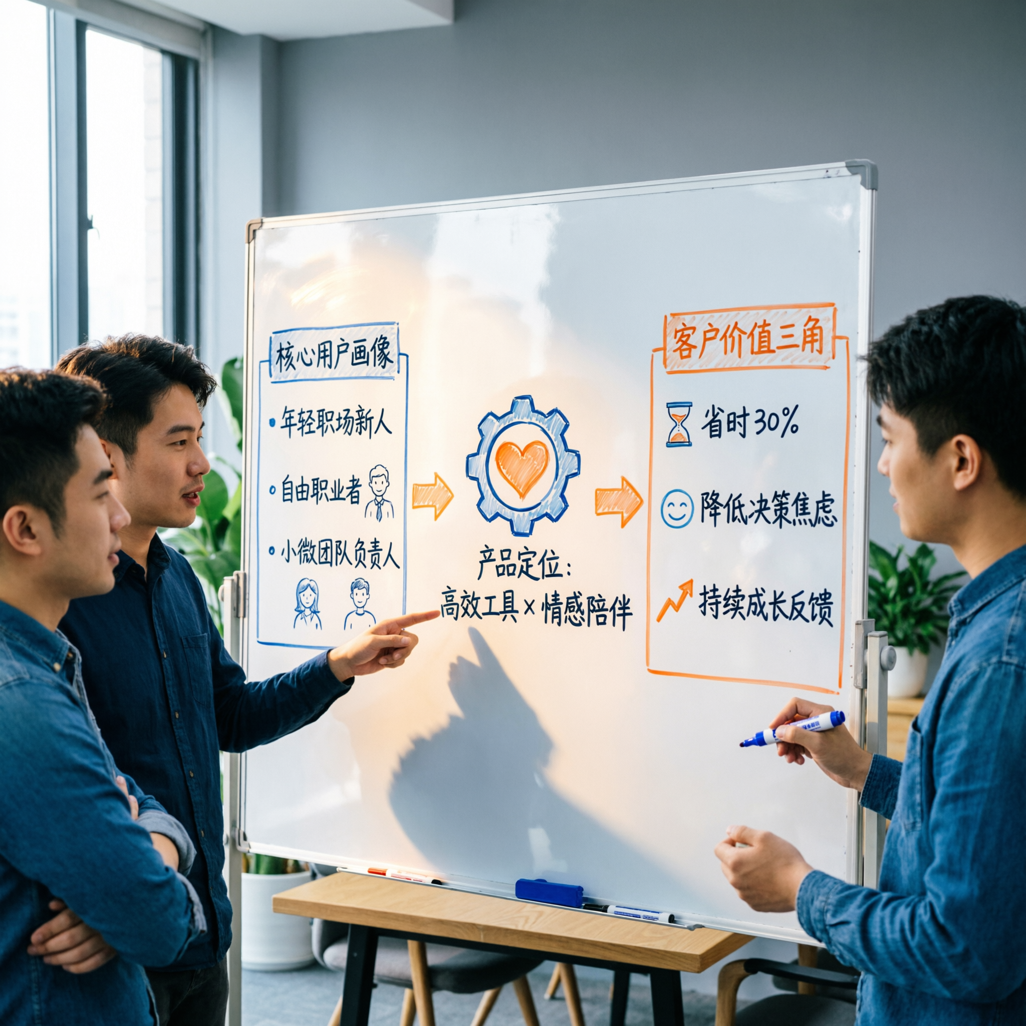 创业者在白板前讨论AI产品定位与客户价值的场景插画