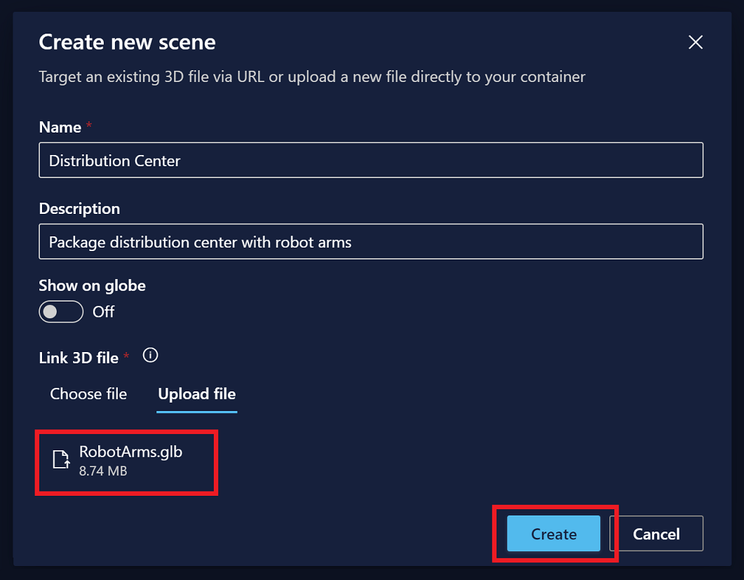 在 3D Scenes Studio 中创建新场景的屏幕截图。机器人臂文件已上传,并突出显示“创建”按钮。