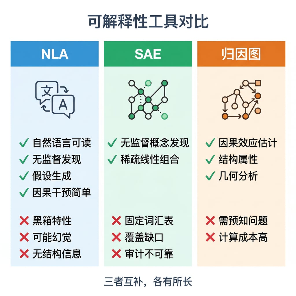 NLA vs SAE vs 归因图对比