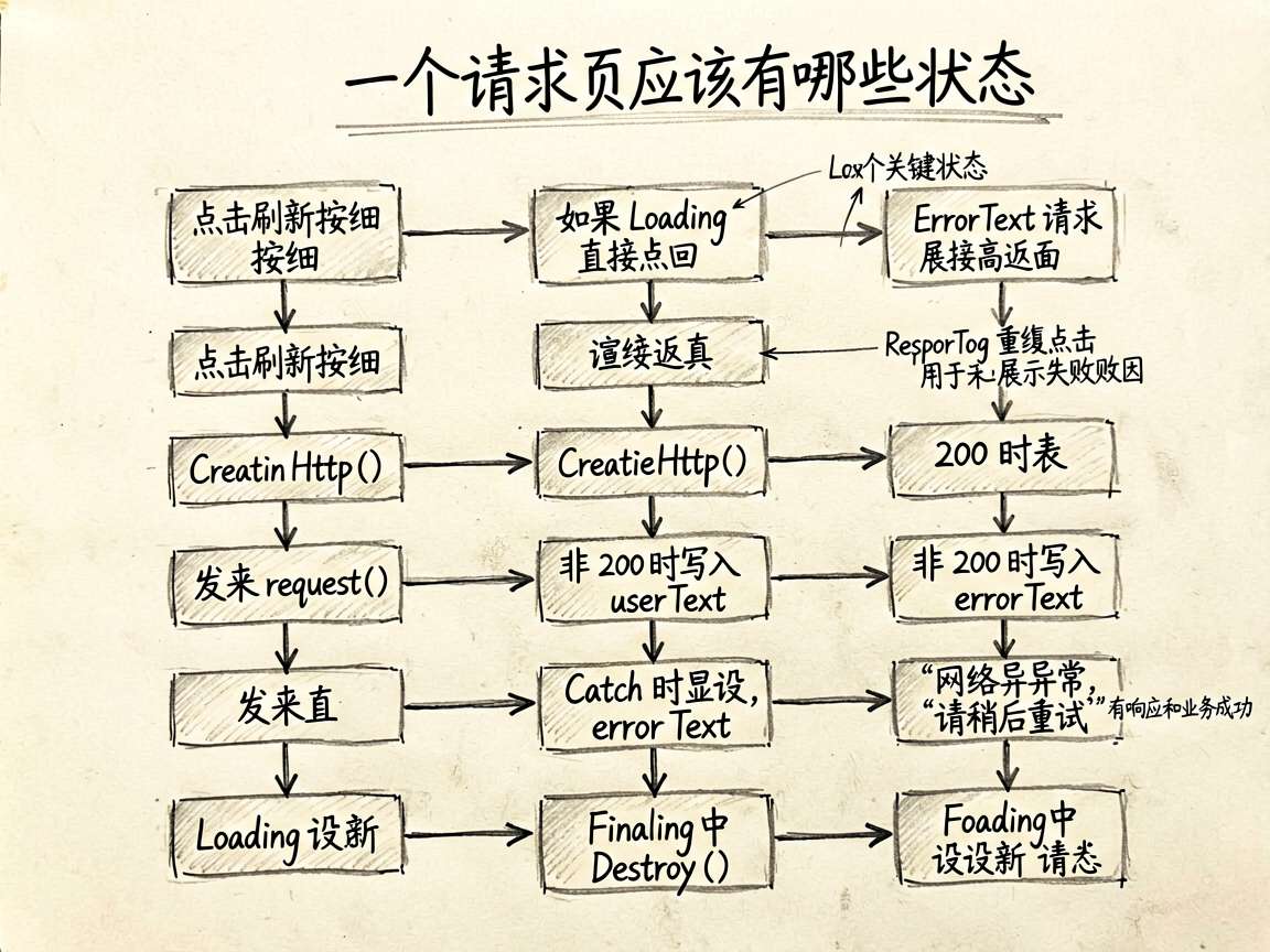 为文章中的“一个请求页应该有哪些状态”绘制一张 sketch-notes 风格的流程图。请用手绘流程