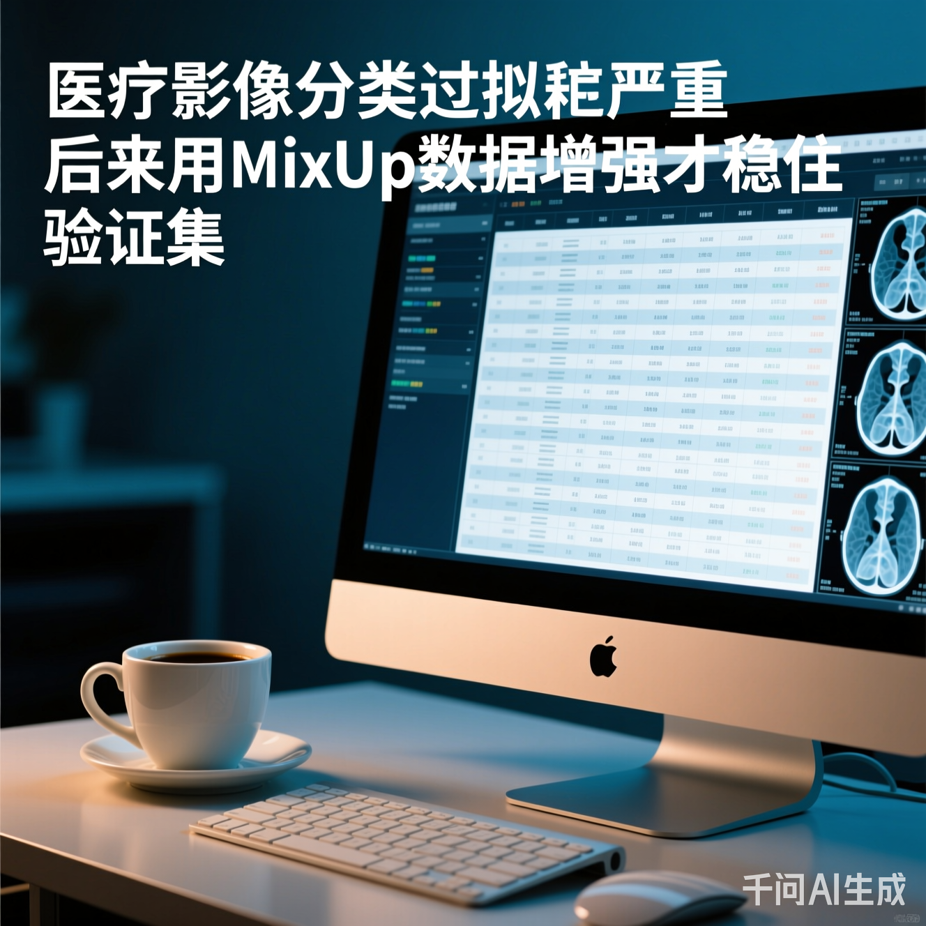 咖啡杯与电脑并排,屏幕上是满屏的医疗数据表格