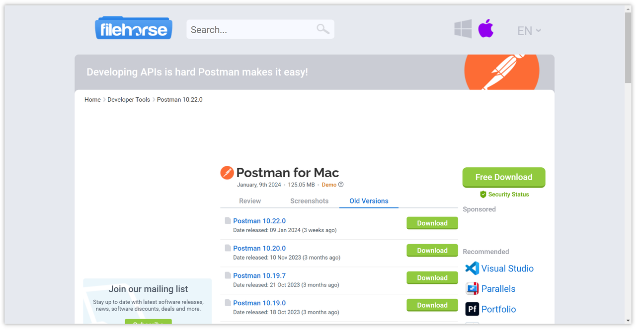 macOS Postman 历史版本下载页面
