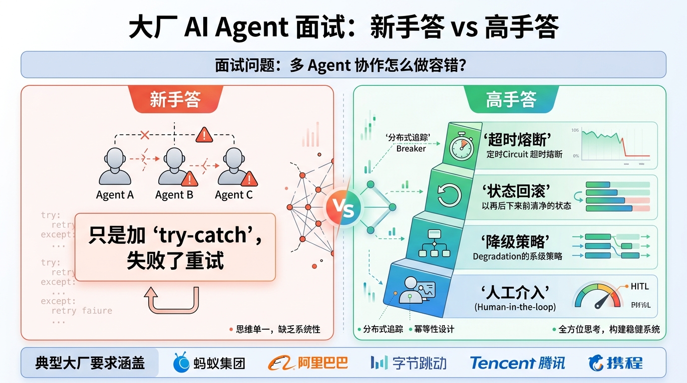 大厂 Agent 面试新手答与高手答对比图