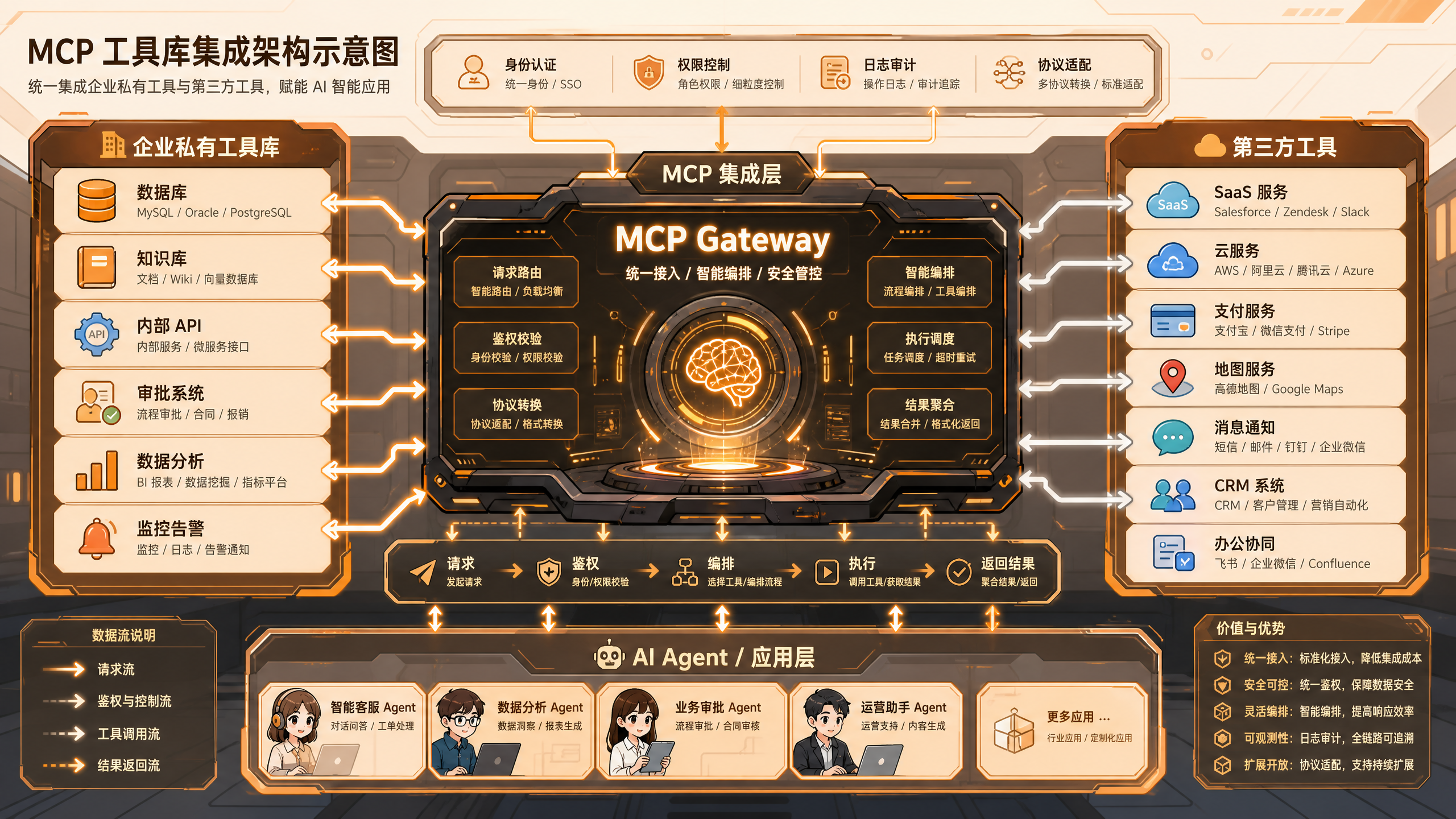 MCP 工具库集成架构示意图,显示企业私有工具库和第三方工具集成,数据流向清晰,温色调,漫画风格,16:9 比例,专业科技感