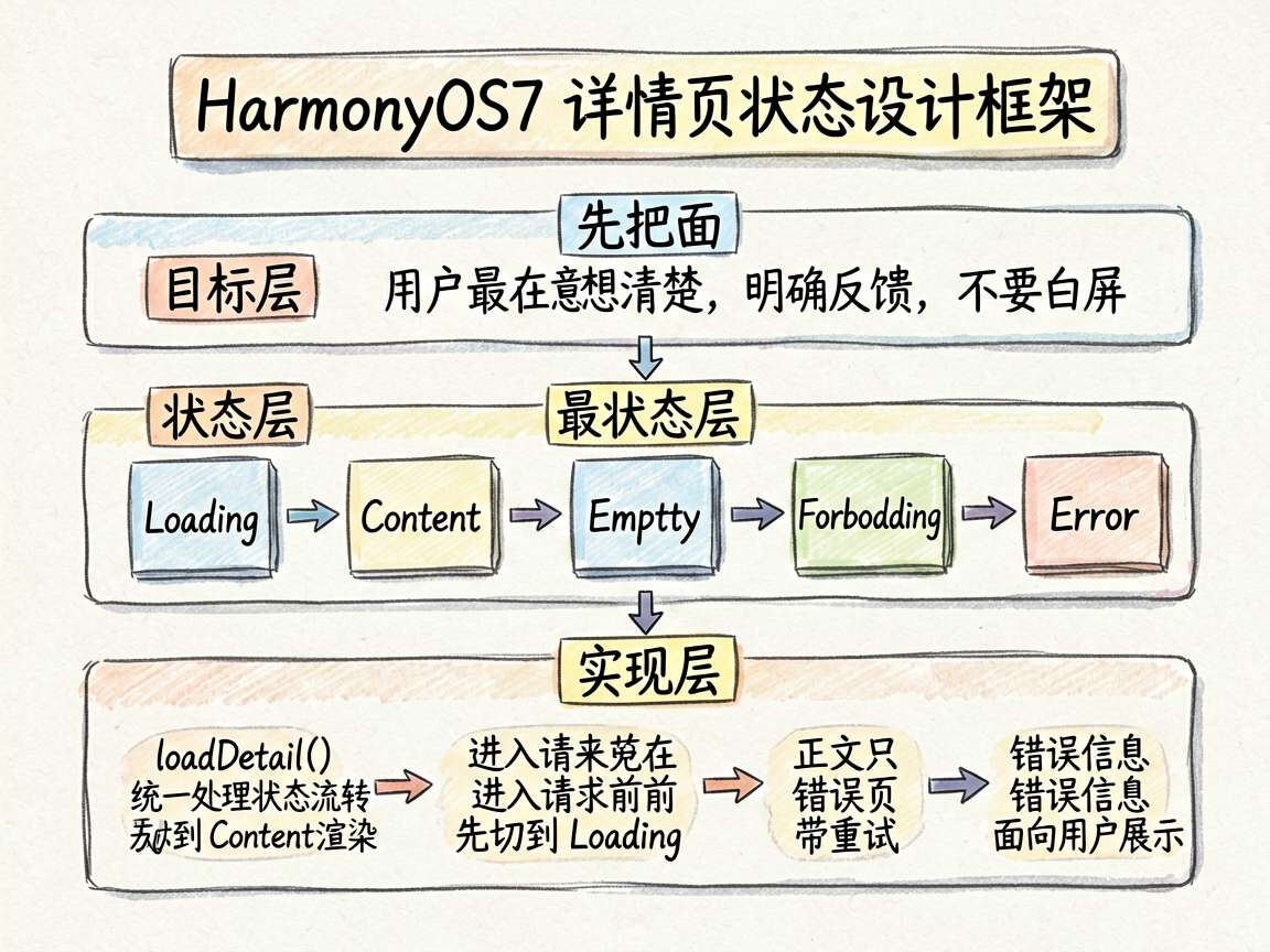 一张中文手绘框架图,表达“先把页面目标想清楚,再写代码”的详情页状态设计思路。画面上方是一个标题框: