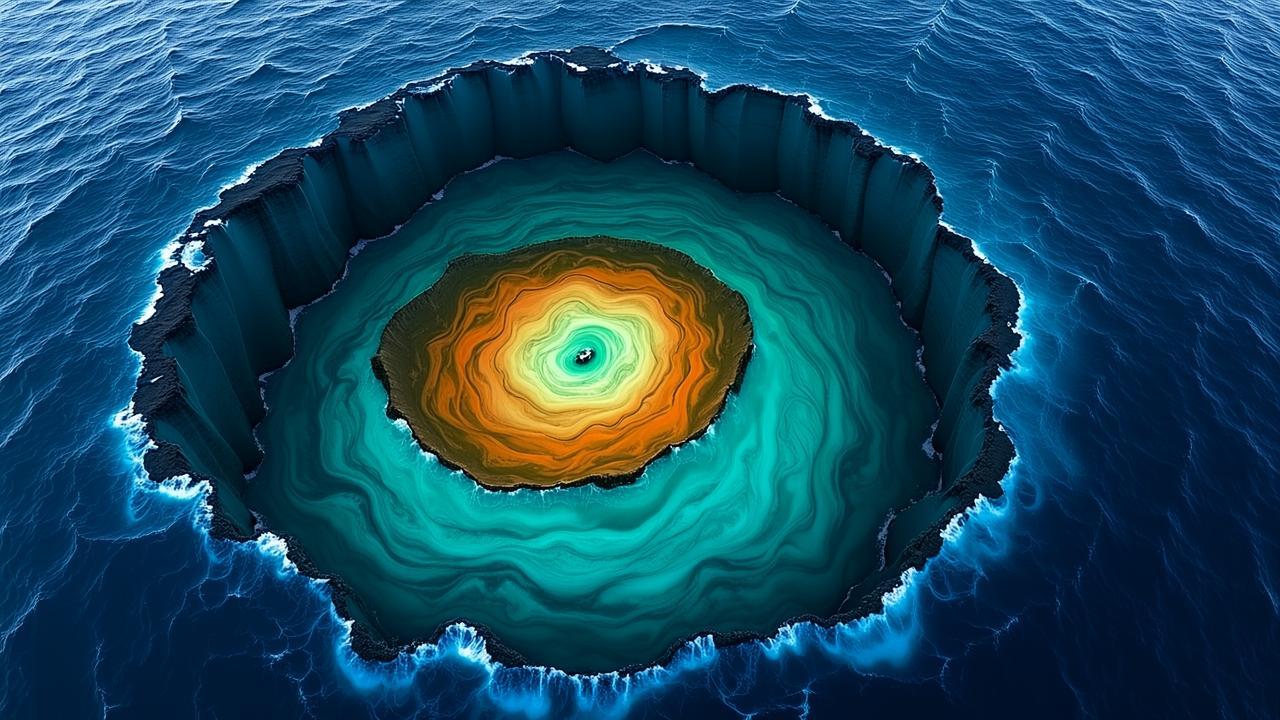 An abstract top-down view of a deep ocean trench w