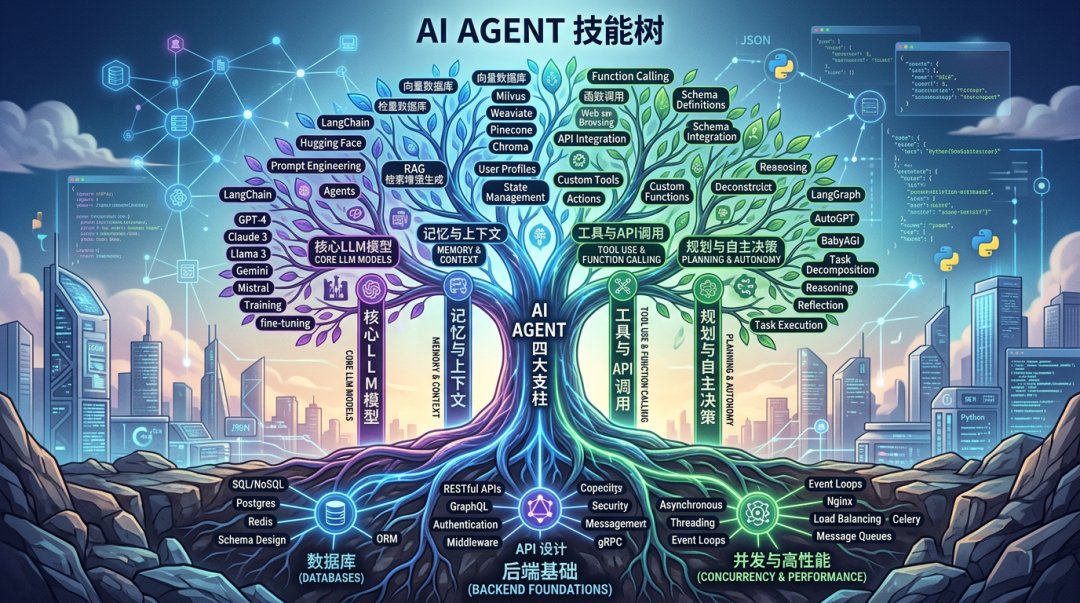 一张技能树图，树根是后端基础（数据库、API、并发），树干是AI Agent四大支柱，树枝是具体技术如LangChain、向量数据库、Function Calling等。