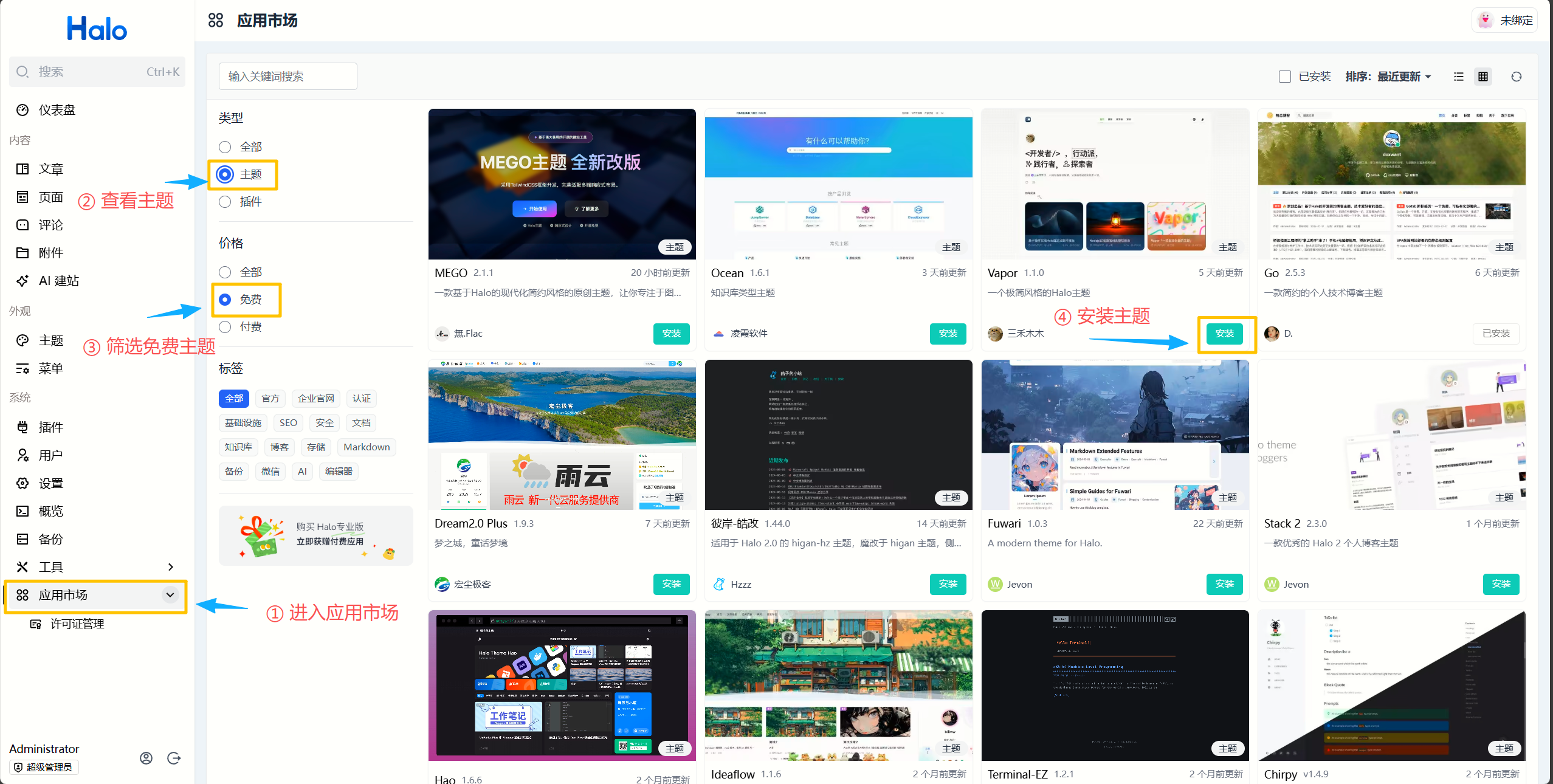 筛选并安装主题