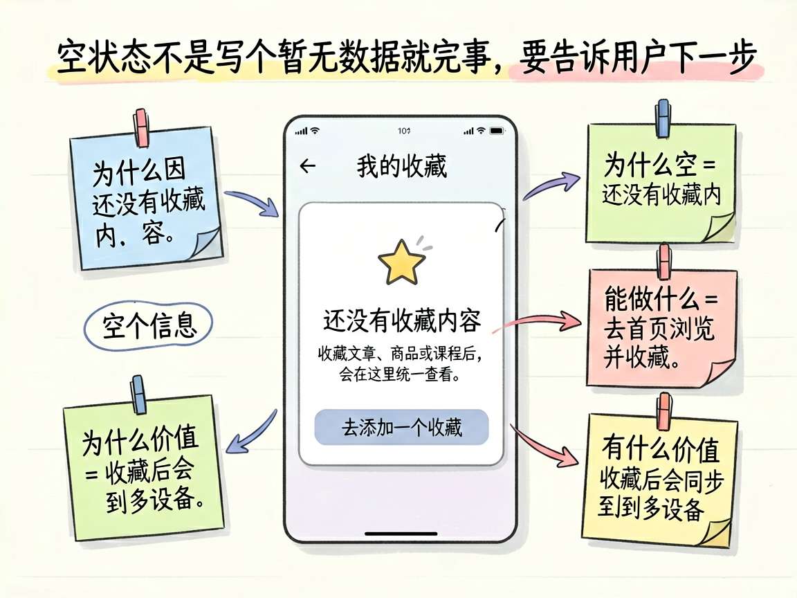 为一篇讲解 HarmonyOS7 空页面设计的中文技术文章绘制一张手绘笔记风信息图。主题是“空状态不