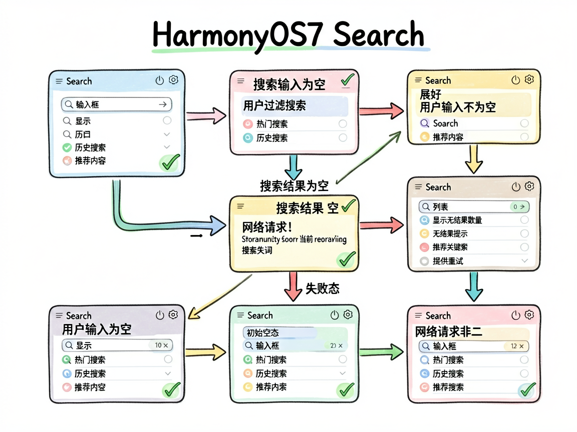 一张手绘流程图风格插图，内容是 HarmonyOS7 Search 搜索页的状态判断流程。流程从 S
