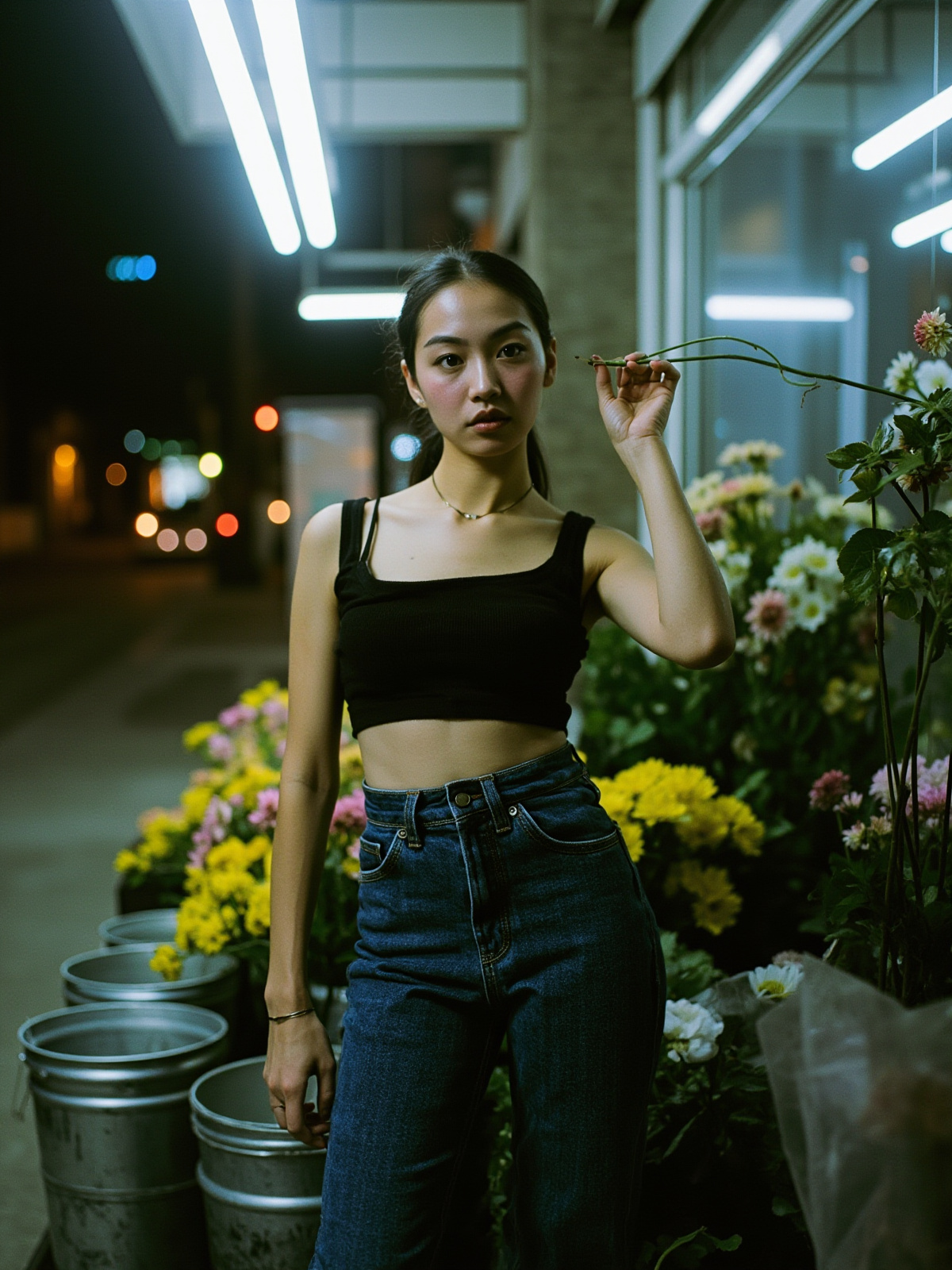 夜间花店成年时装壁纸,低发髻模特穿不透视短款上衣与深蓝色低腰紧身全长牛仔裤整理花材