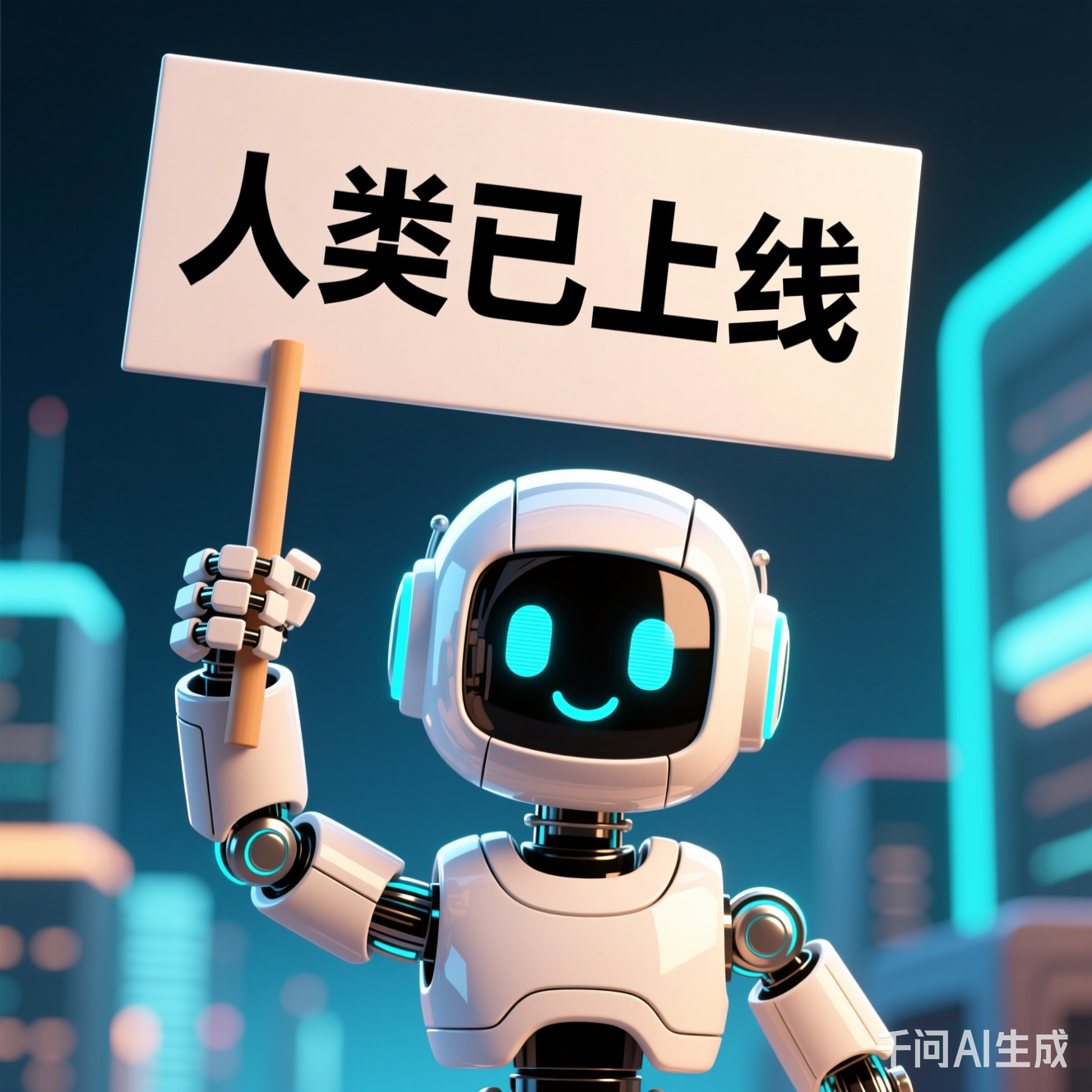 表情包：机器人举着“人类已上线”的牌子