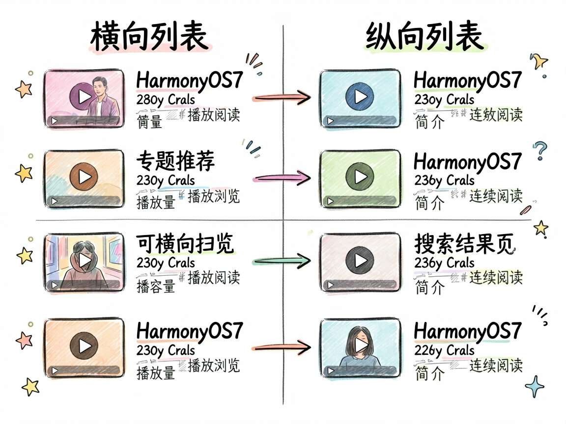 为 HarmonyOS7 视频列表教程生成一张对比型手绘插图，重点对比横向列表与纵向列表的使用场景。