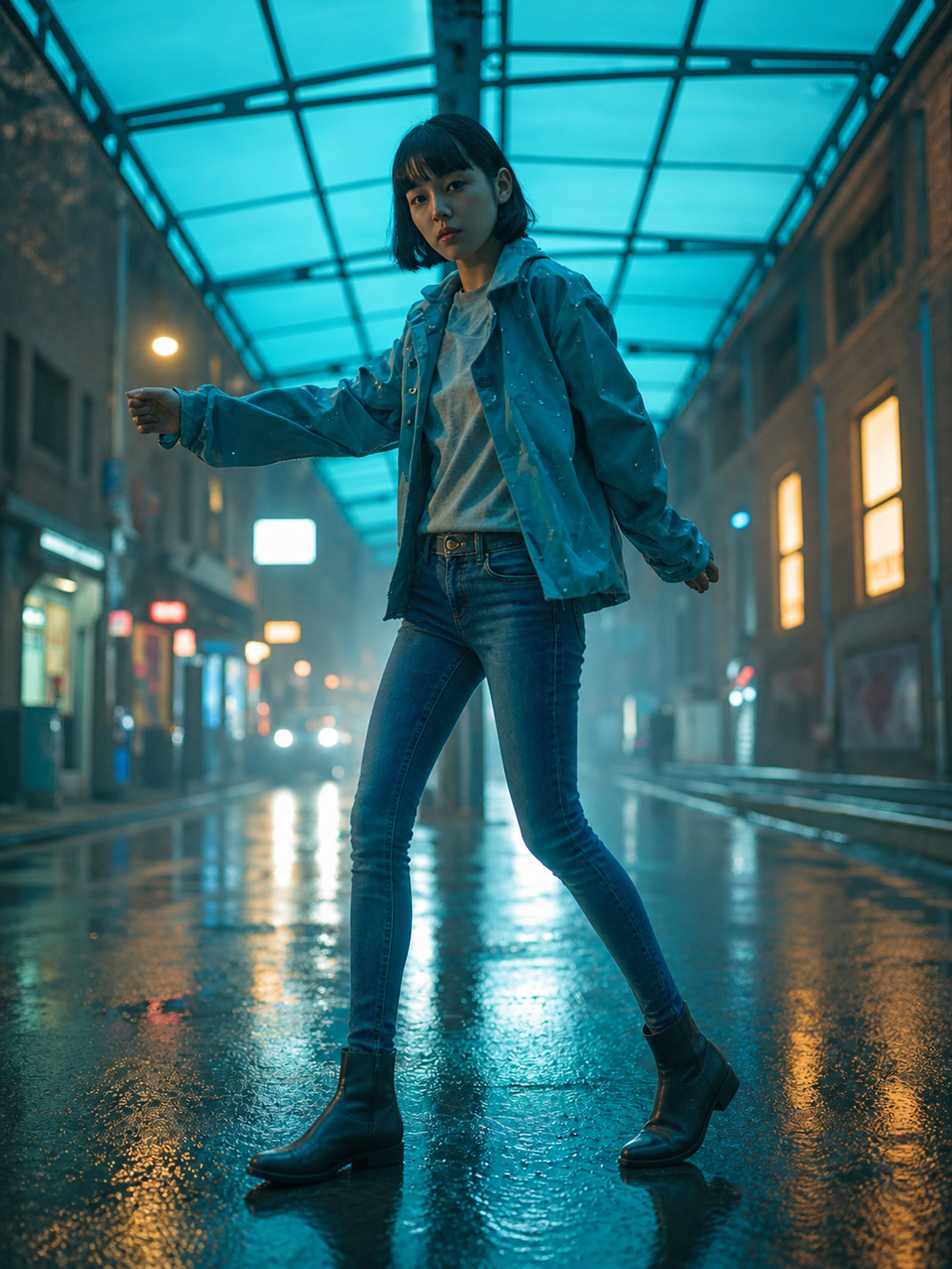 雨夜轨道廊中穿蓝色低腰紧身全长牛仔裤的亚洲成年女性信号员