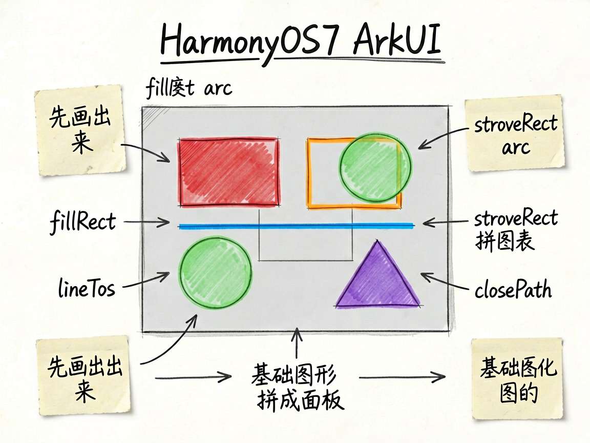一张 sketch-notes 风格的技术教程插图,主题是 HarmonyOS7 ArkUI 的 C
