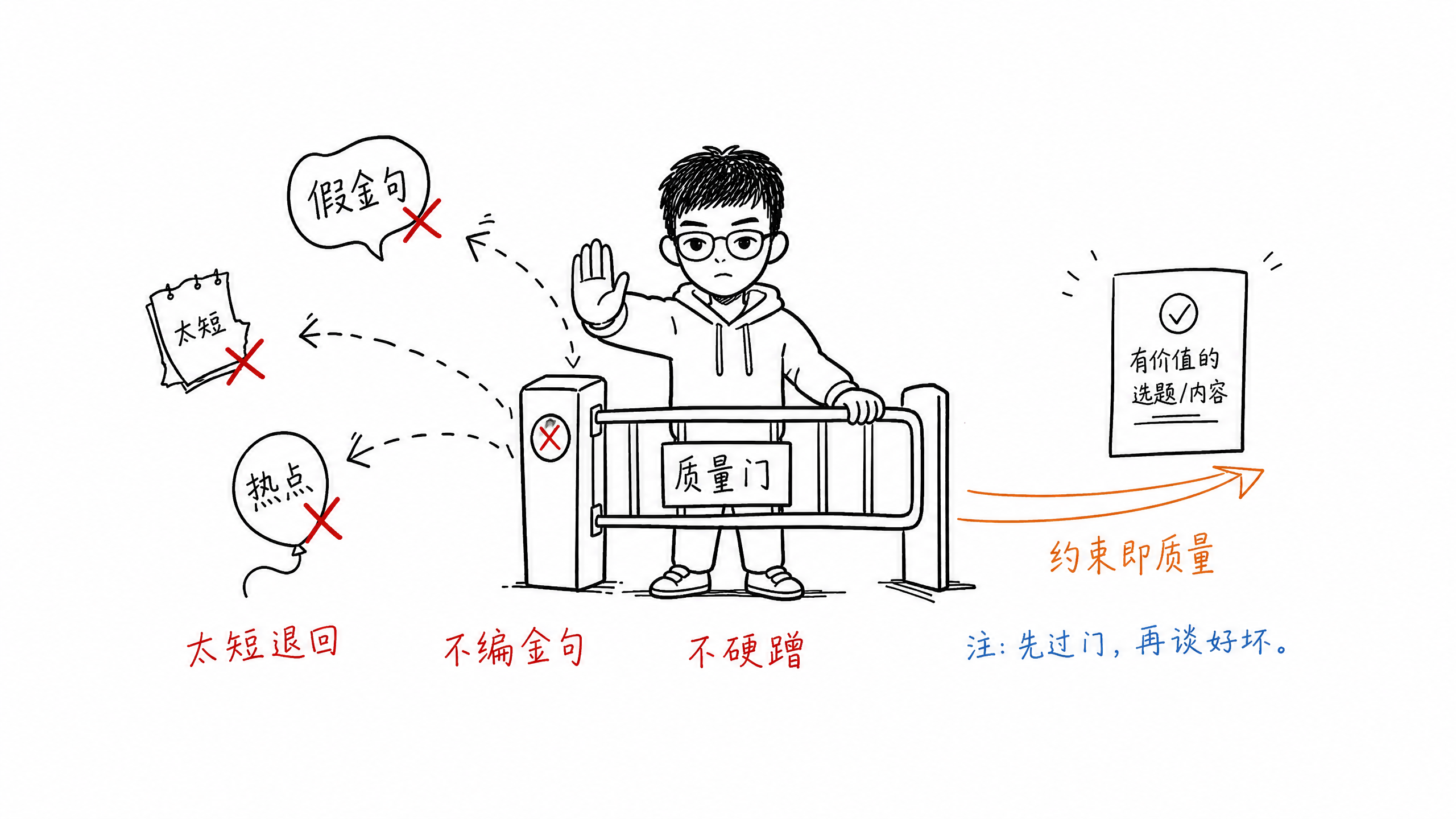 图 04：它像个严格的守门员，把太短的选题、假金句、硬蹭的热点挡在门外。