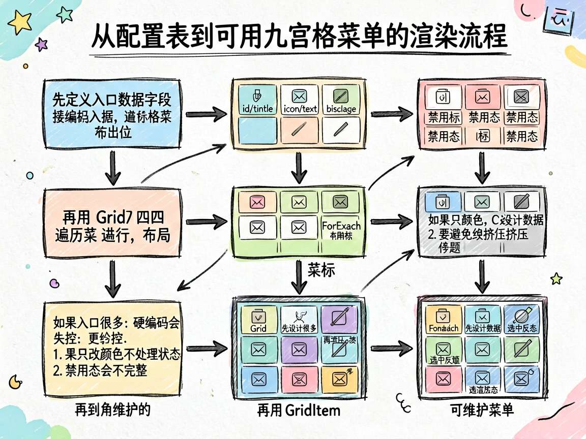 为一篇讲解 HarmonyOS 7 用 Grid 做九宫格菜单细节的中文技术文章生成一张手绘流程图。
