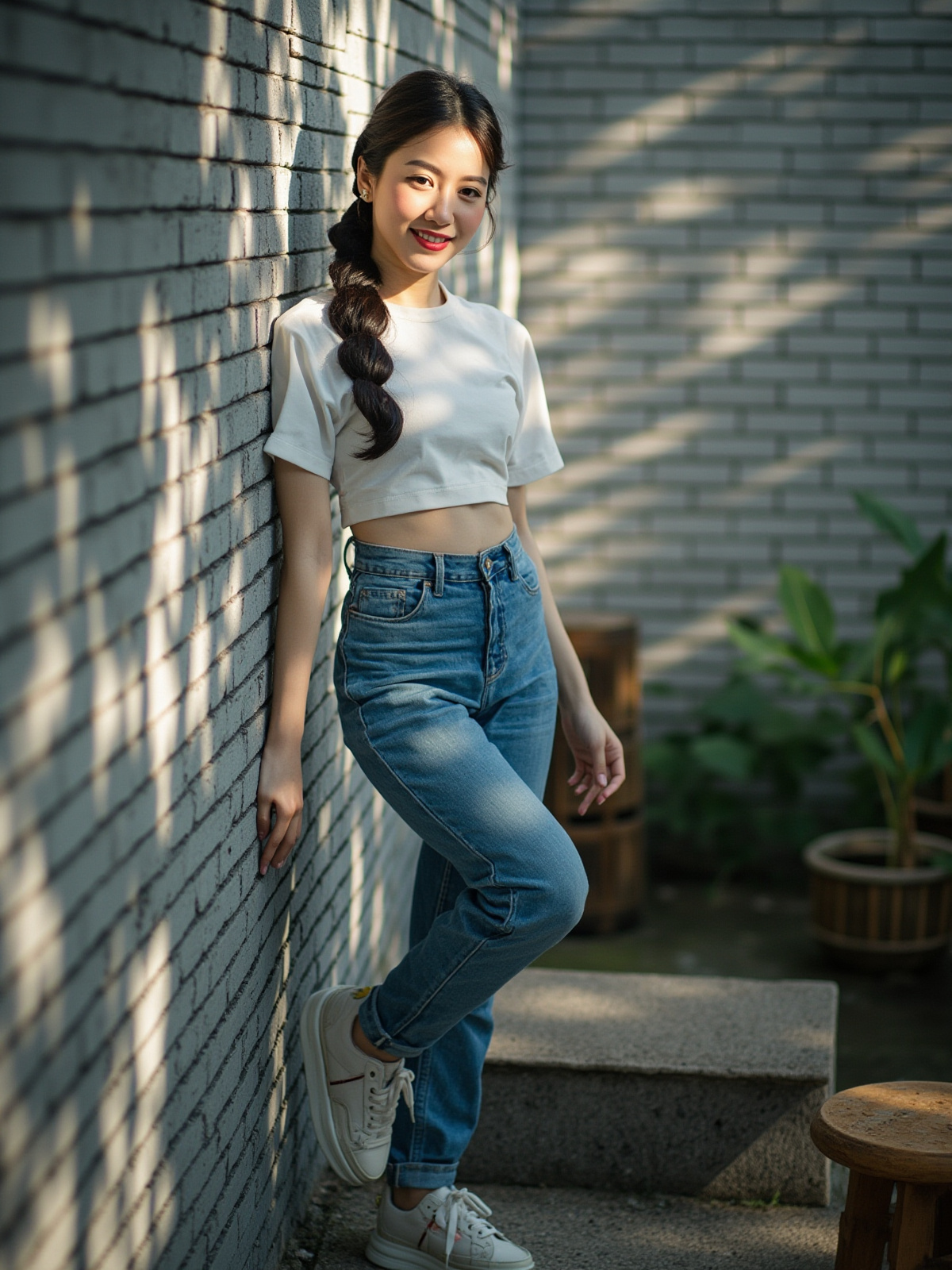 成年亚洲女性在绿瓷砖窄巷穿蓝色全长牛仔裤的时装摄影
