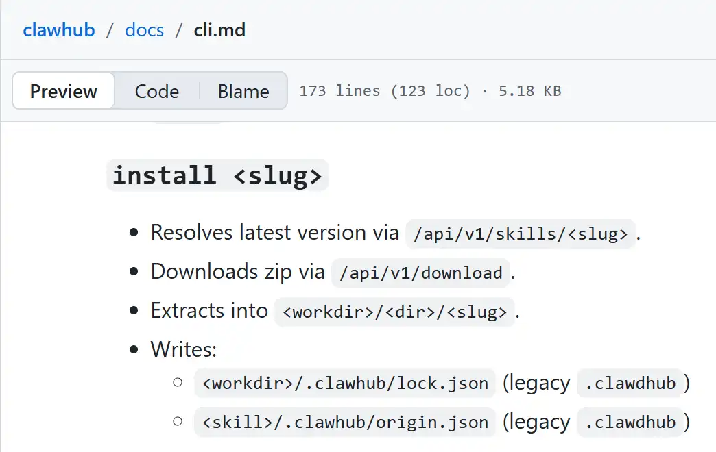 clawhub官方cli文档install命令