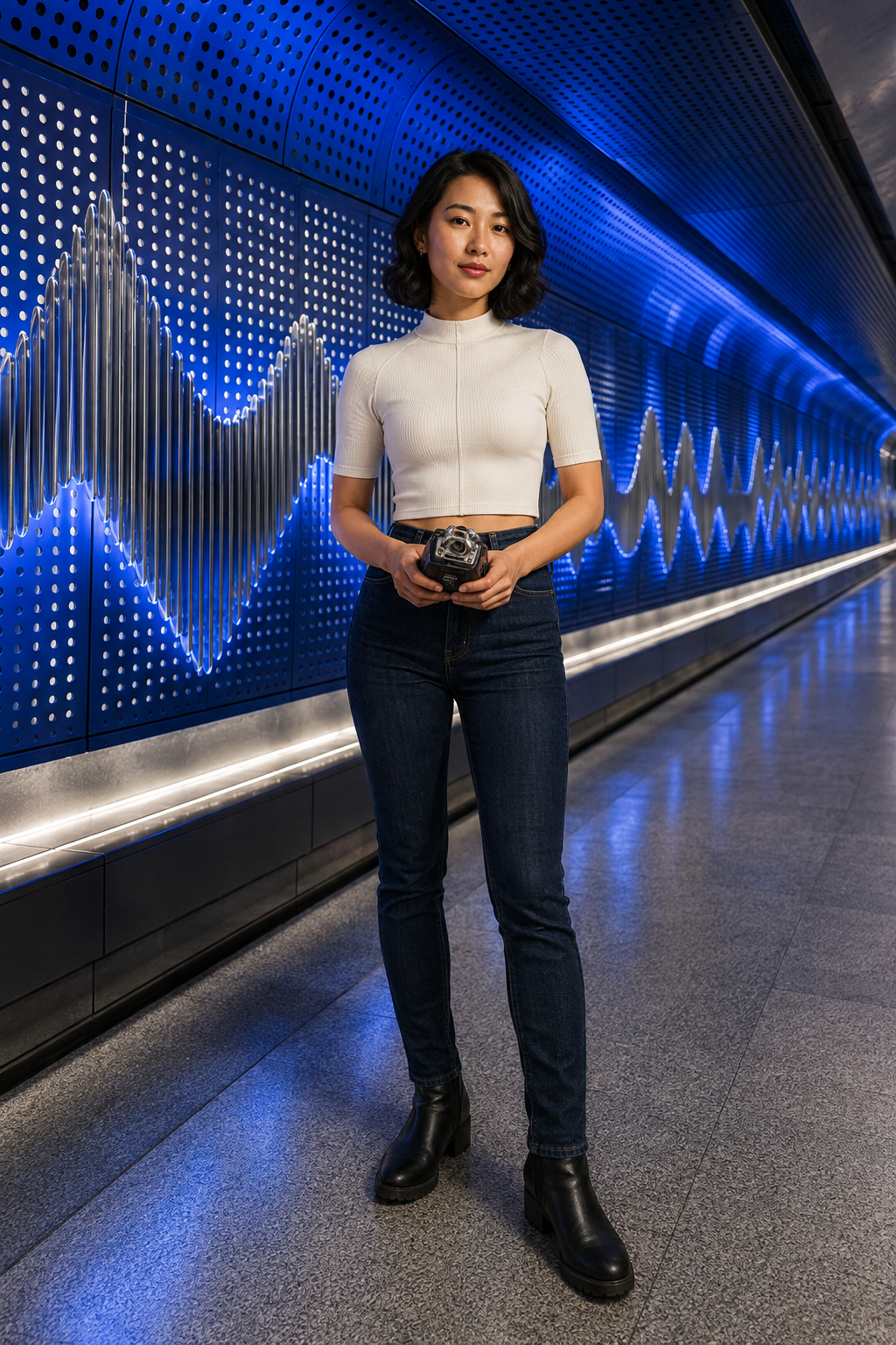 蓝色声波地铁艺术通道中的虚构亚洲成年女性与蓝色紧身全长牛仔裤