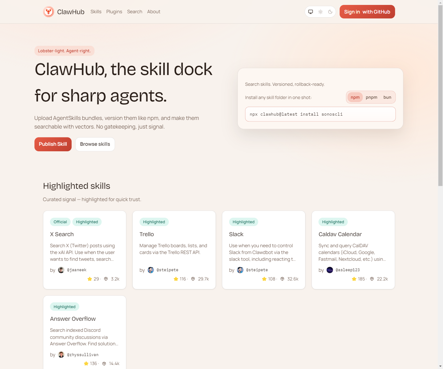 ClawHub 首页，能直接看到安装命令和浏览技能入口
