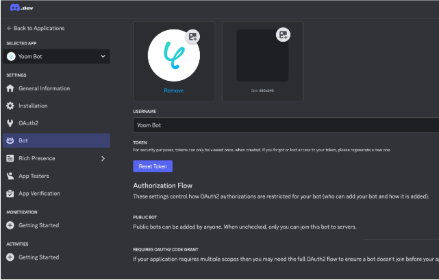 Discord Bot Token 生成与复制界面截图