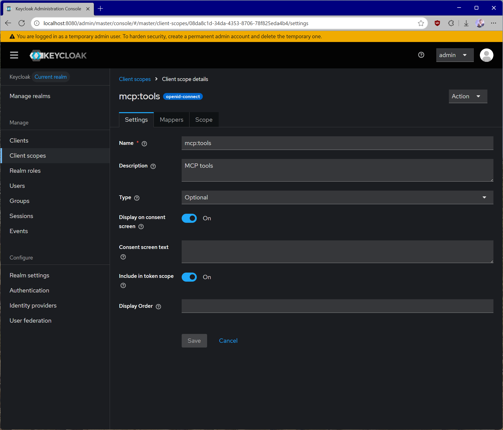 Configuring Keycloak scopes.