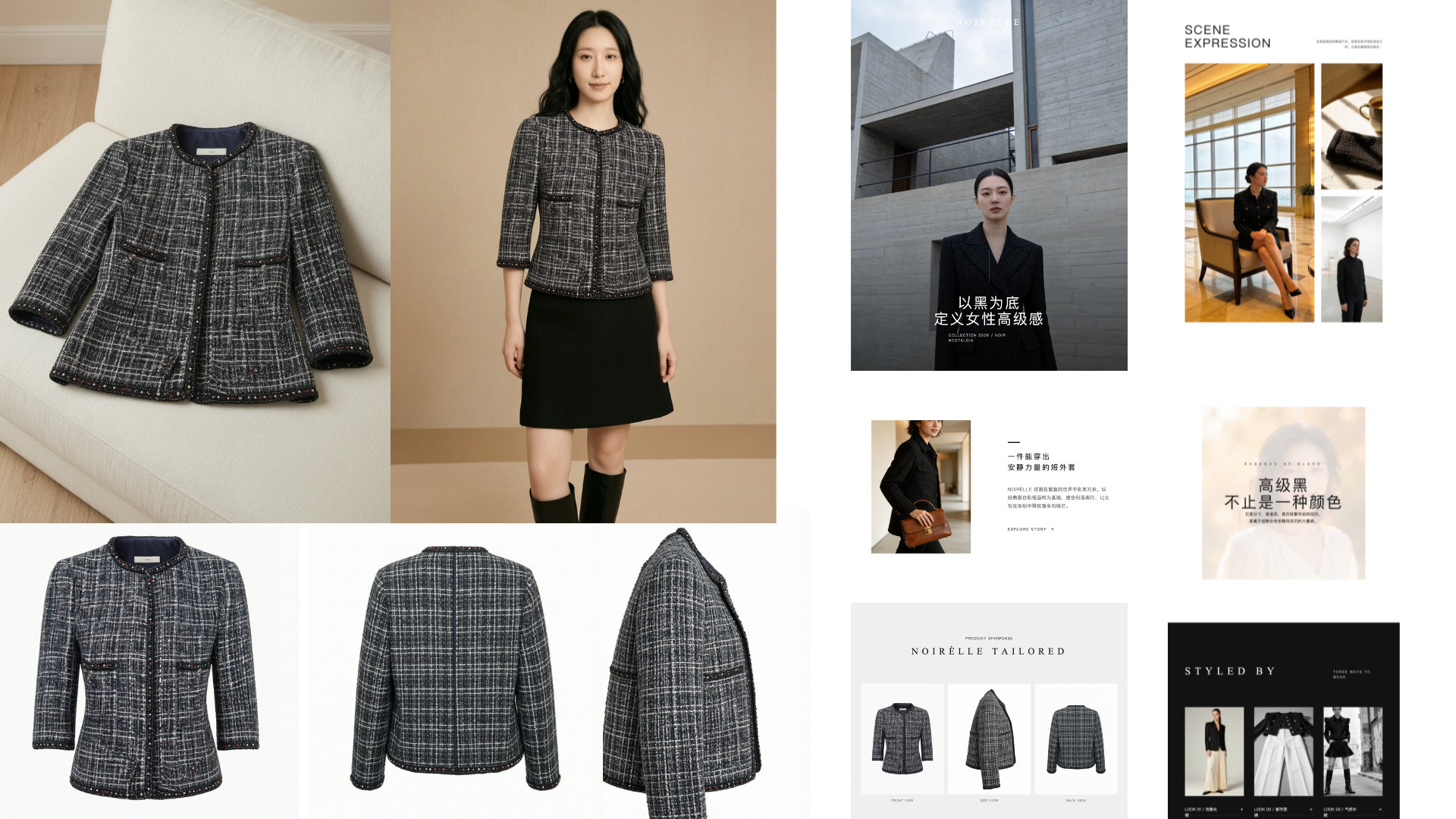 女装粗花呢外套的产品展示和lookbook设计稿