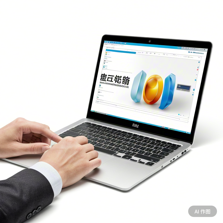 中小企业主在笔记本电脑上设置营销智能体界面,界面标注“一键启动”按钮