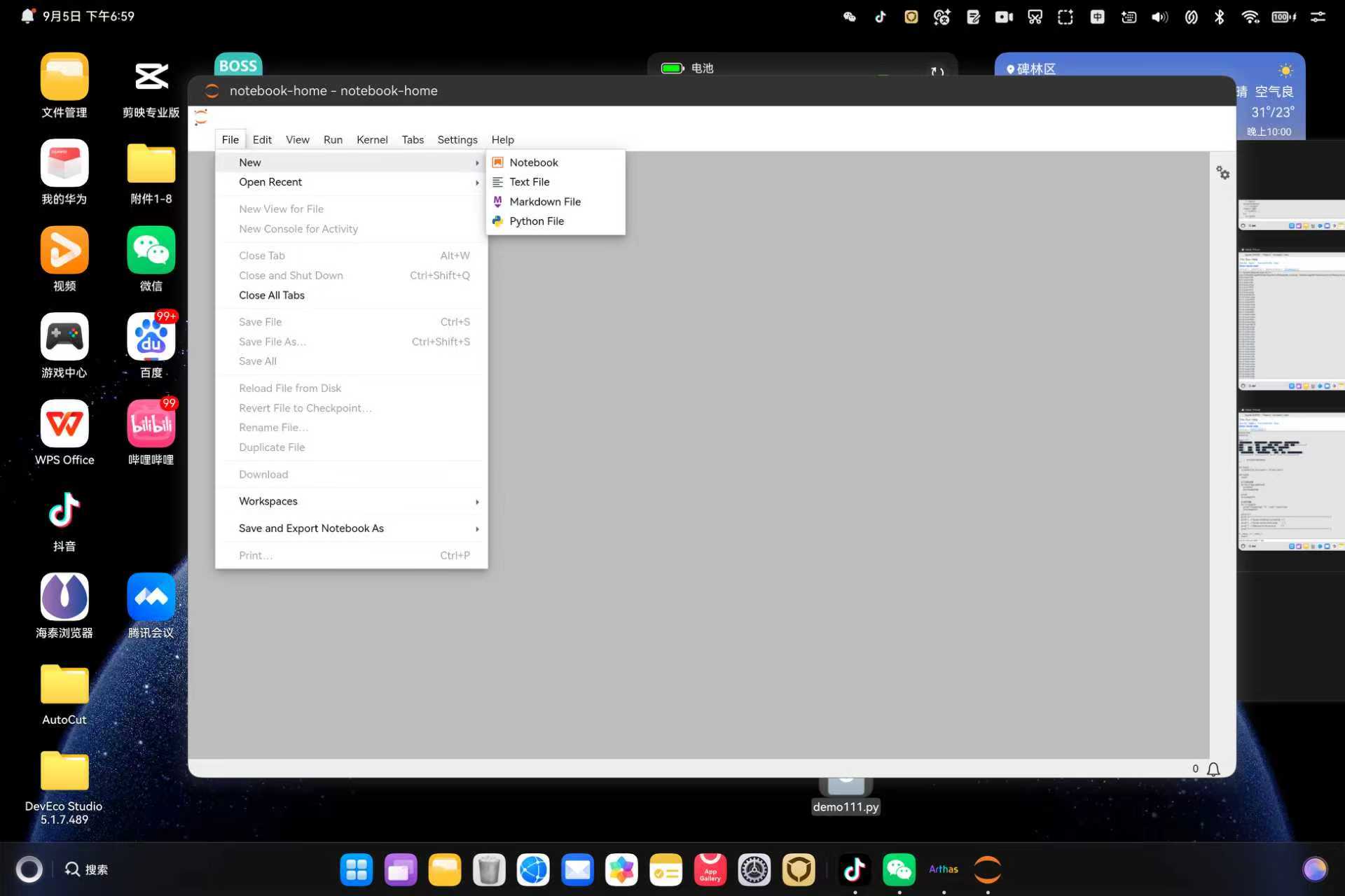 File 菜单完整展开：New / Open Recent / Close Tab (Alt+W) / Close and Shut Down (Ctrl+Shift+Q) / Save (Ctrl+S) / Save As / Reload / Revert to Checkpoint / Rename / Download / Workspaces / Save and Export Notebook As / Print；右侧 New 二级菜单含 Notebook / Text File / Markdown File / Python File