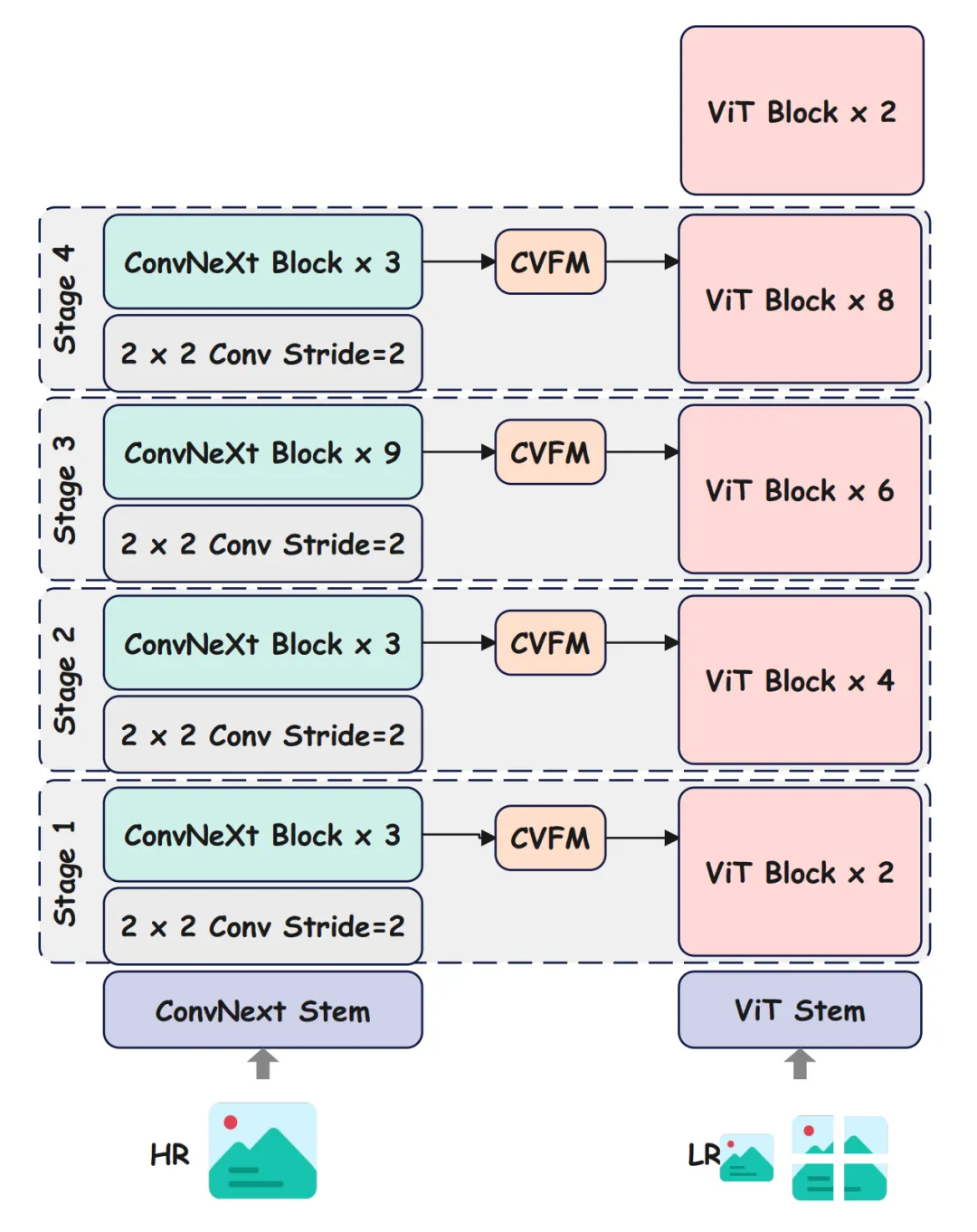 图3：FILA 的混合编码器结构图。左侧为处理高分辨率全局图像的 ConvNeXt 分支，右侧为处理低分辨率图块的 ViT 分支，中间通过 CVFM 模块进行多层深度融合。