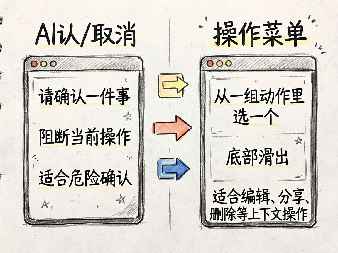 一张对比型手绘笔记图,左侧是 AlertDialog,右侧是 ActionSheet。左侧标题写“确