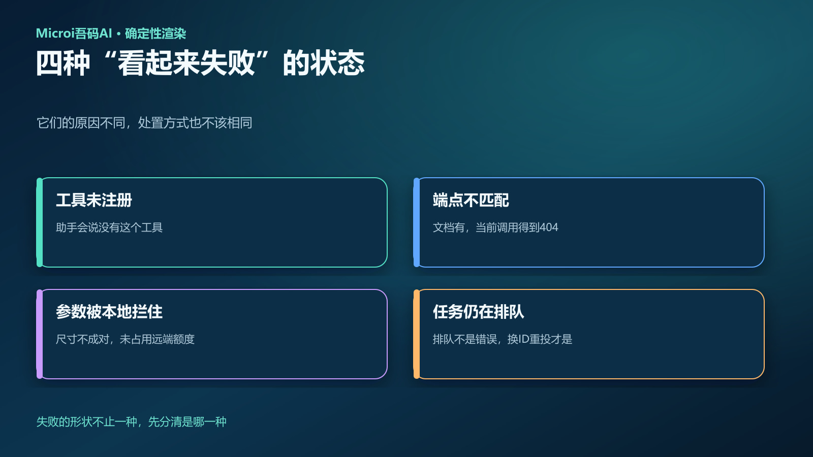 工具未注册、端点不匹配、参数被本地拦住、任务仍在排队
