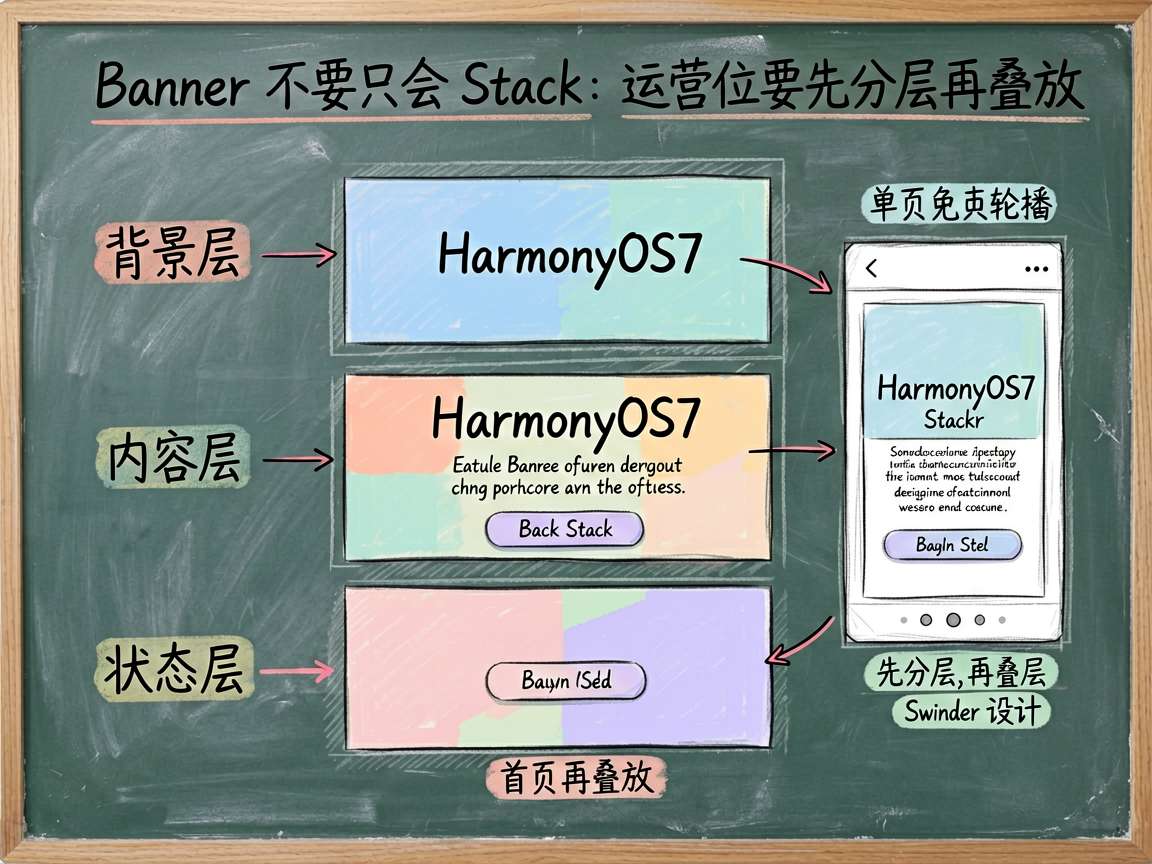 为一篇讲解 HarmonyOS7 首页 Banner 设计的技术文章绘制一张手绘笔记风信息图。主题是