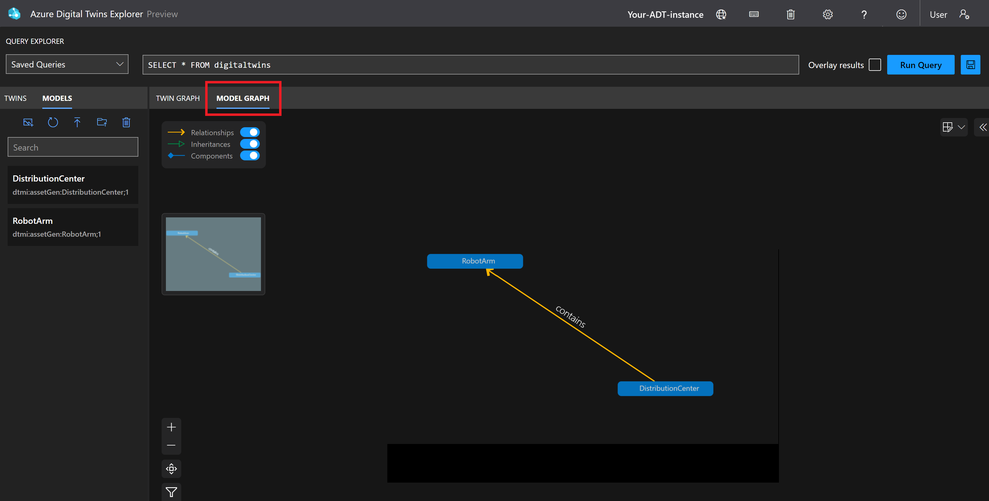 Azure 数字孪生资源管理器的屏幕截图,突出显示了视图窗格的“模型图形”按钮。