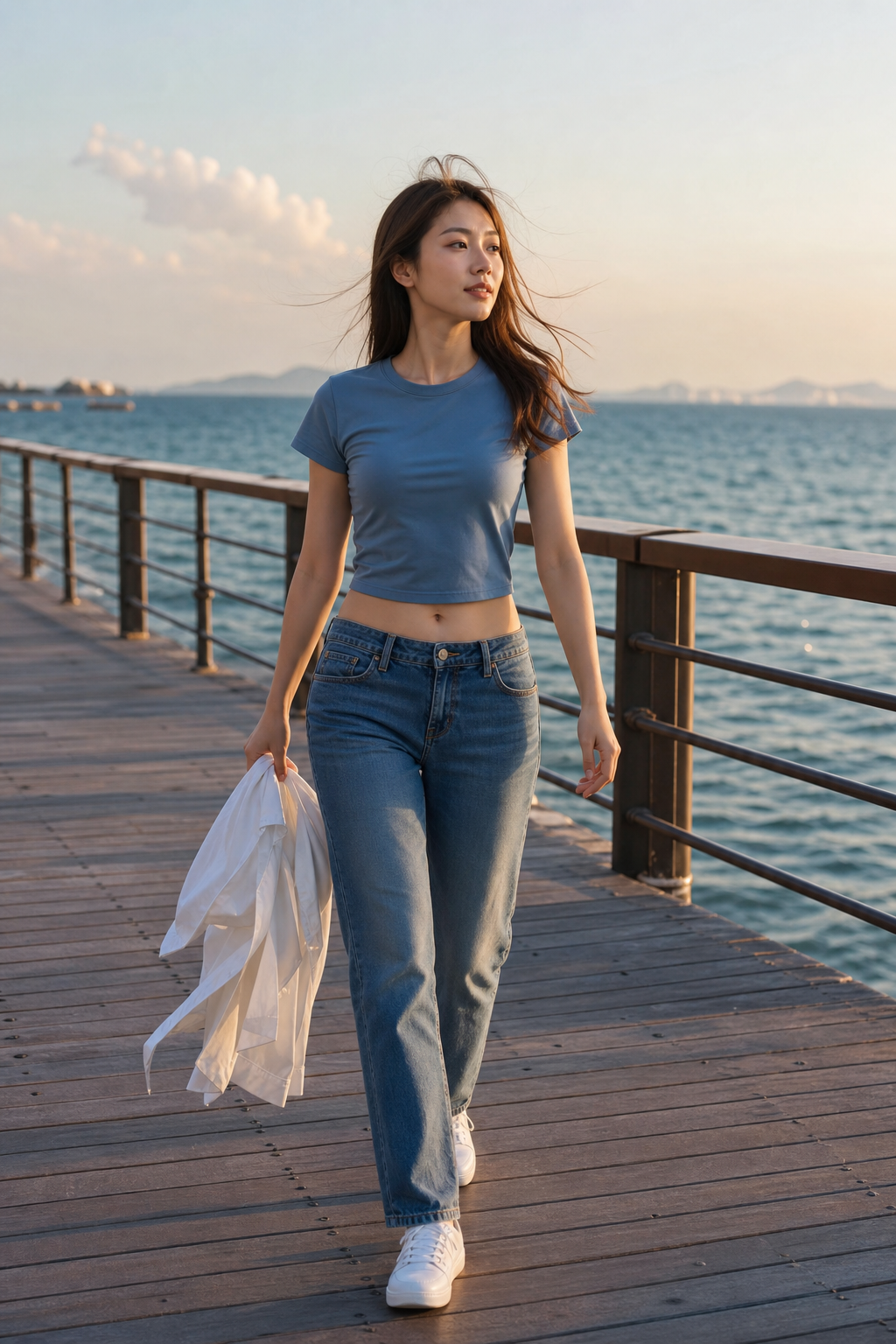 海边黄昏中的经典蓝色牛仔裤造型