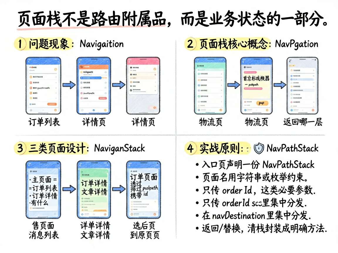 为一篇讲解 HarmonyOS 7 中 NavigationStack 管理页面栈的文章绘制一张手绘