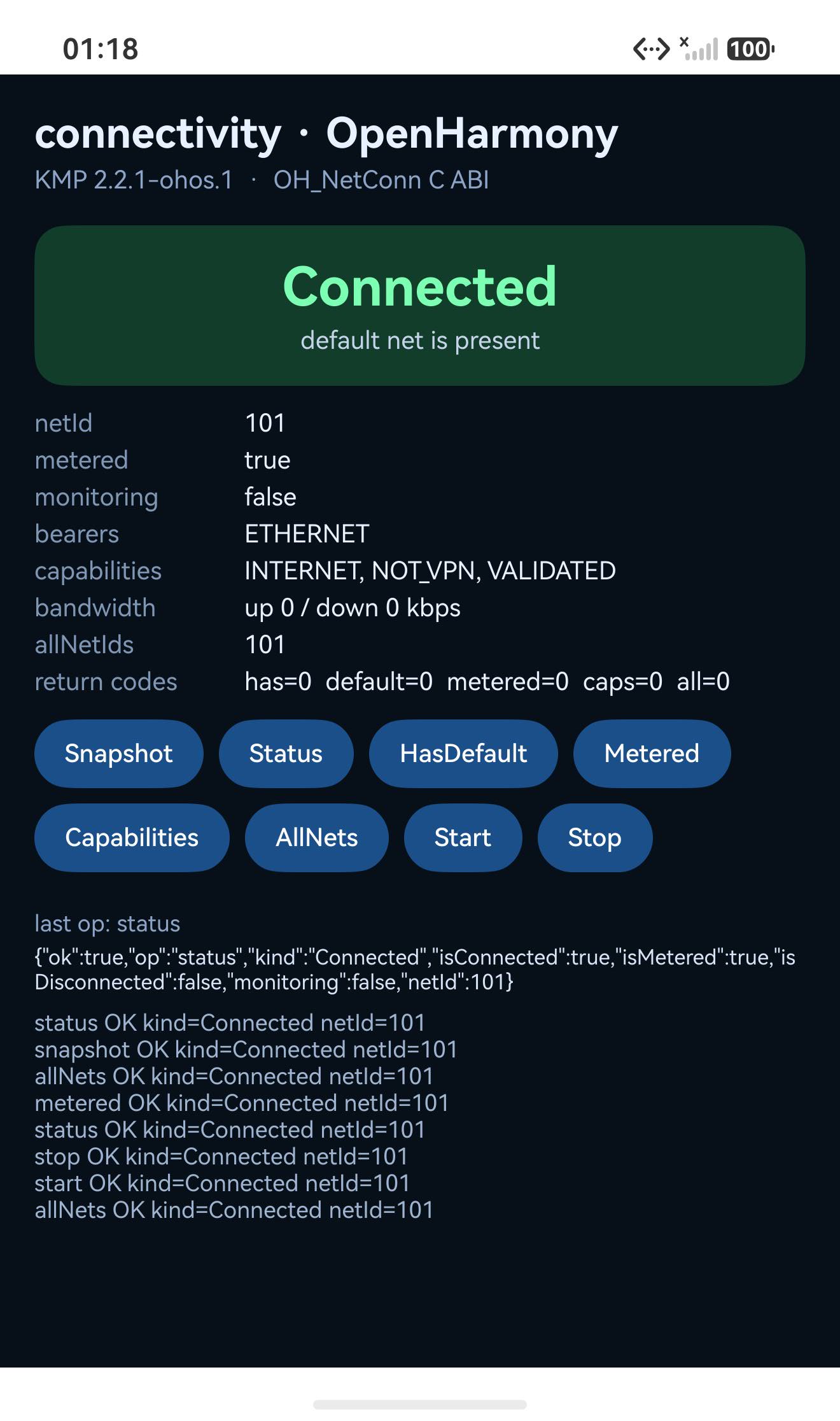 Status Connected isMetered=true