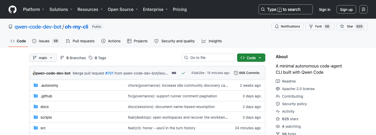 GitHub 仓库页真实截图:qwen-code-dev-bot/oh-my-cli,截图时 666 Commits、625 Stars、59 open Issues、Fork 56,最新提交 Merge PR #701 在 15 分钟前